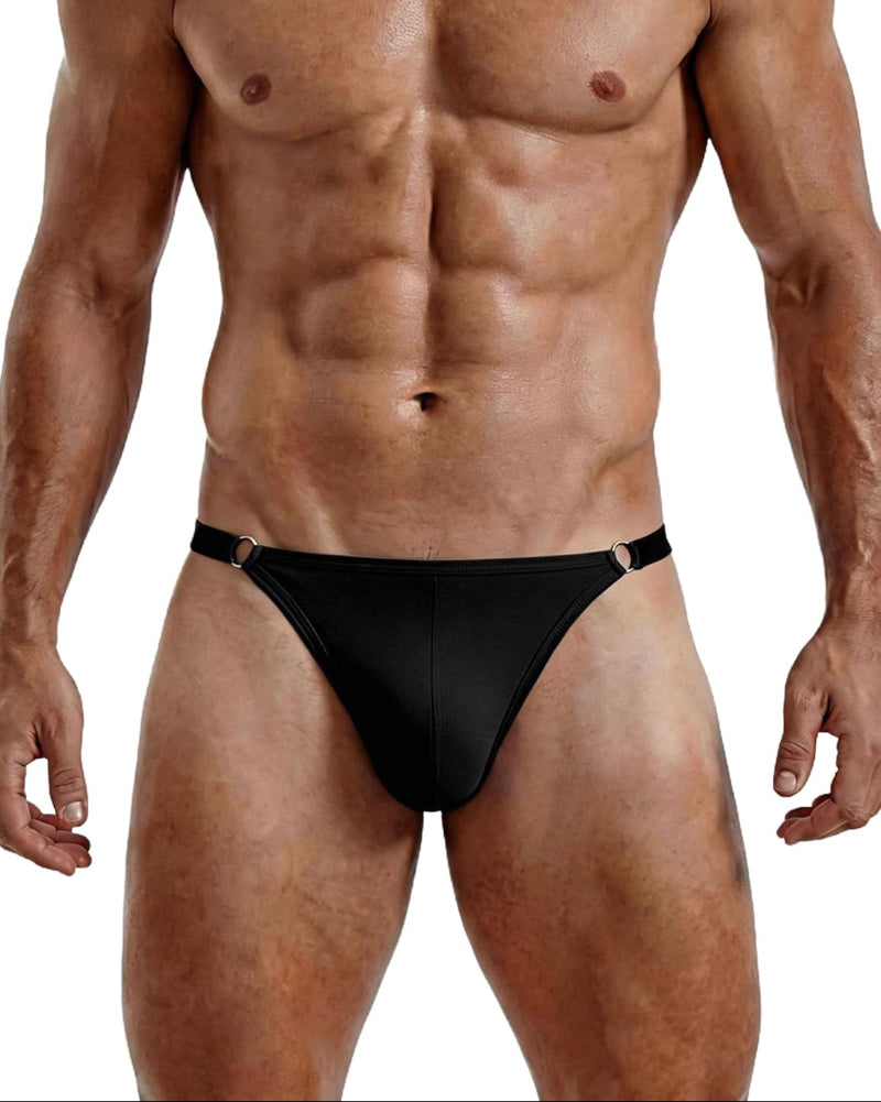 Men's low-rise thong underwear in black, T-back cut with ring strap details