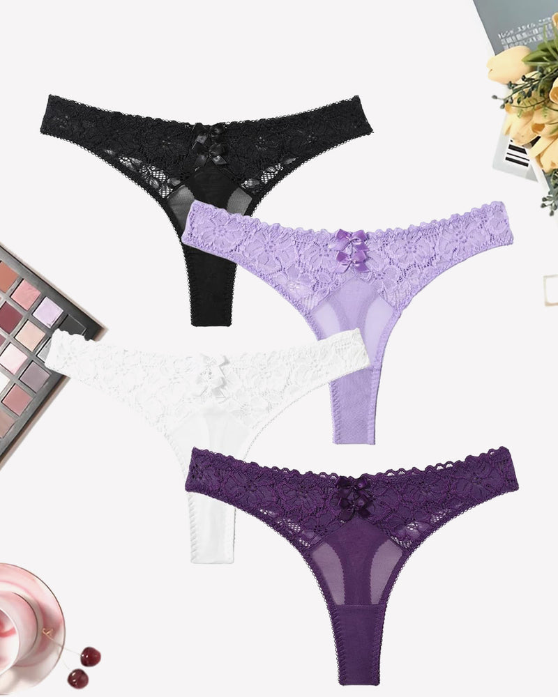 Black, white, lilac, and deep purple mesh lace low-waist thong panties with bow trim