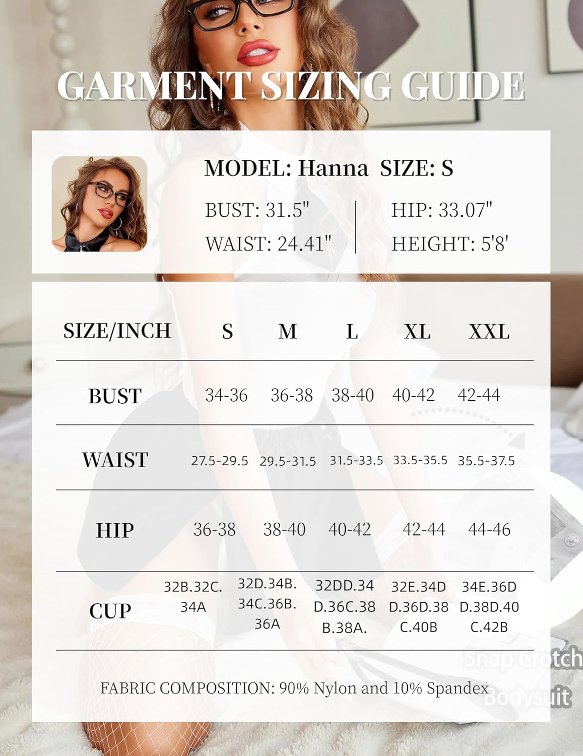 Garment sizing guide chart with bust, waist, hip, and cup size measurements