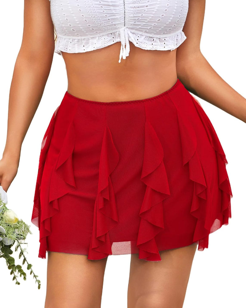 Red layered ruffle mesh mini skirt with tiered flounce hem