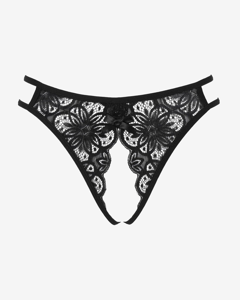 Black lace floral thong briefs with bow, scalloped cutouts and narrow sides.