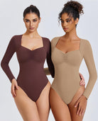 Sweetheart neckline bodysuit tops in dark brown and beige, long sleeves, front view