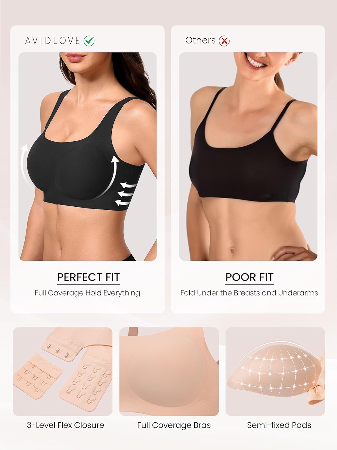 Wireless bra fit comparison graphic with black bra on models and pad inserts