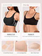Wireless bra fit comparison graphic with black bra on models and pad inserts