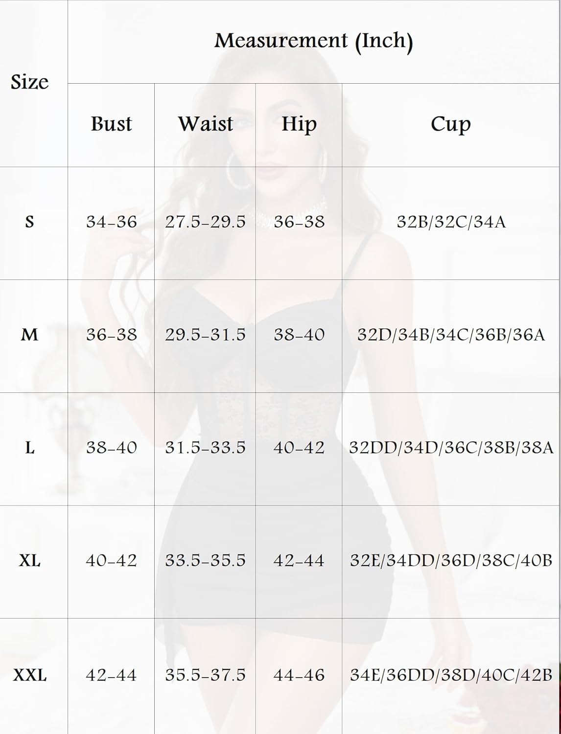 Clothing size chart table showing bust, waist, hip, and cup ranges by size