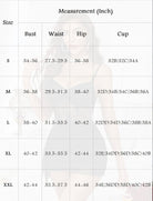 Clothing size chart table showing bust, waist, hip, and cup ranges by size