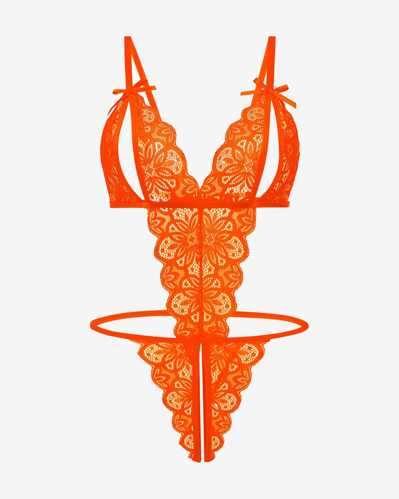 Orange lace deep V bodysuit teddy with scalloped lace trim and bow shoulder straps
