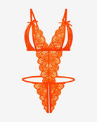 Orange lace deep V bodysuit teddy with scalloped lace trim and bow shoulder straps