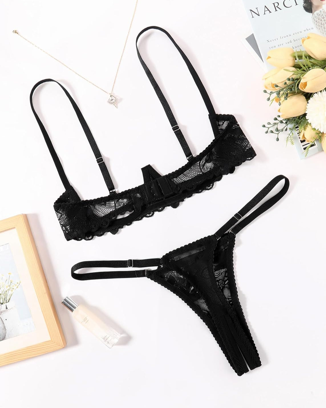 Black lace underwire bra and matching thong set with scalloped lace trim
