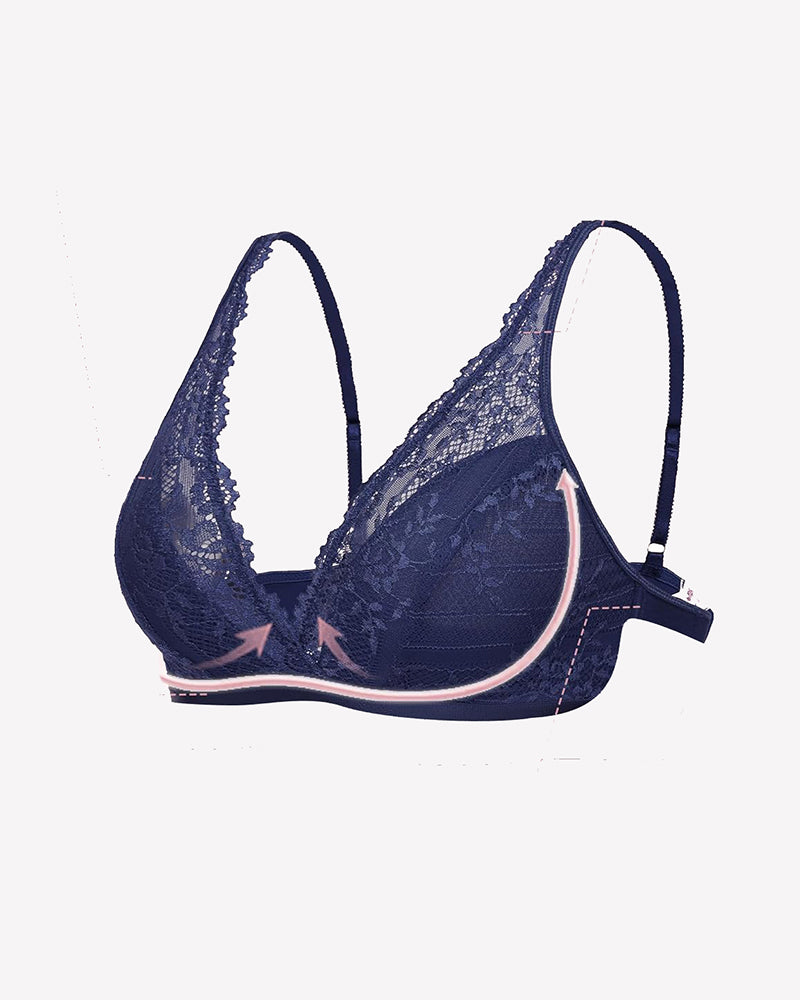 Navy lace wireless bralette with V-neck and adjustable shoulder straps