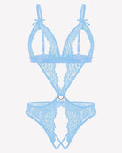 Light blue lace deep V teddy bodysuit with crossover back straps and adjustable straps
