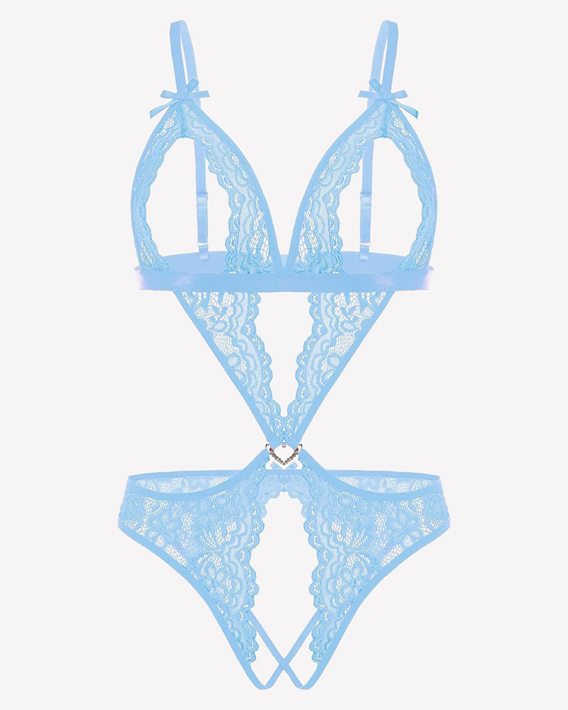 Light blue lace deep V teddy bodysuit with crossover back straps and adjustable straps