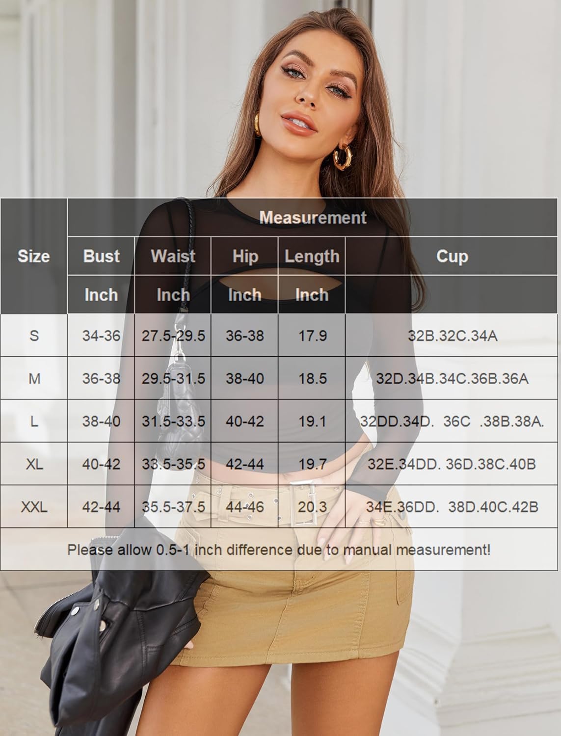 Sheer mesh long sleeve crop top in black with measurement size chart overlay