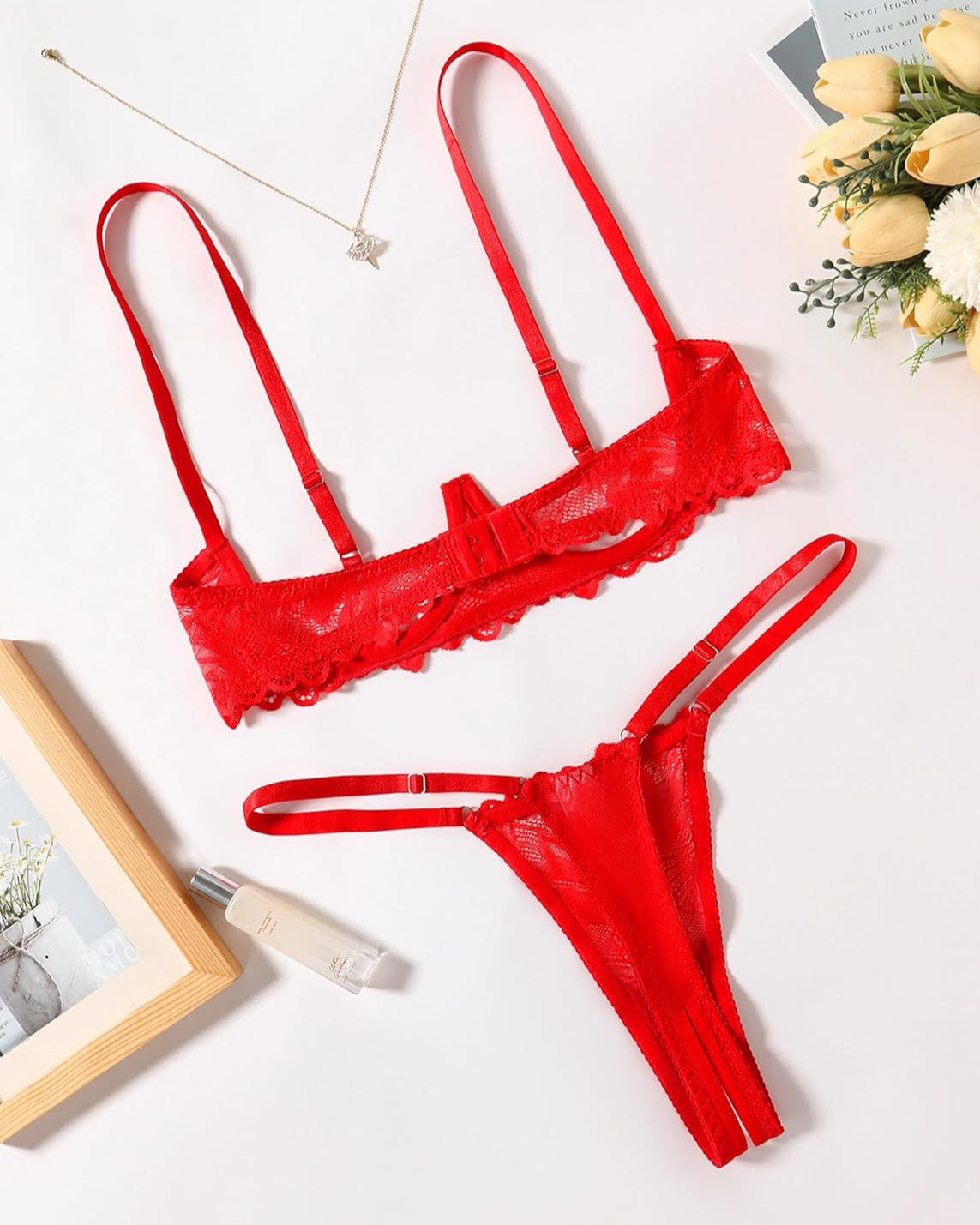 Red lace underwire bra and thong panty set, straps and trim