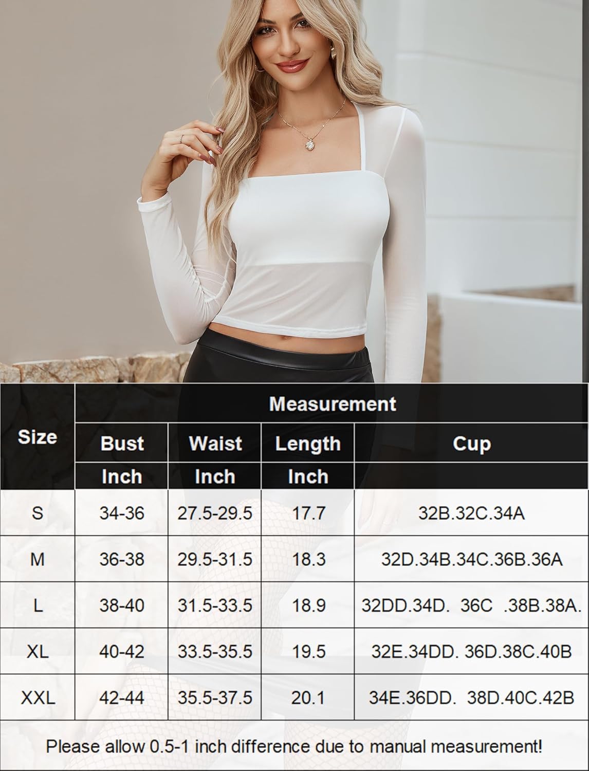 Champagne square-neck sheer blouse with long sleeves and lining, front