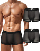 Men's mesh boxer briefs set on model, black translucent trunk style