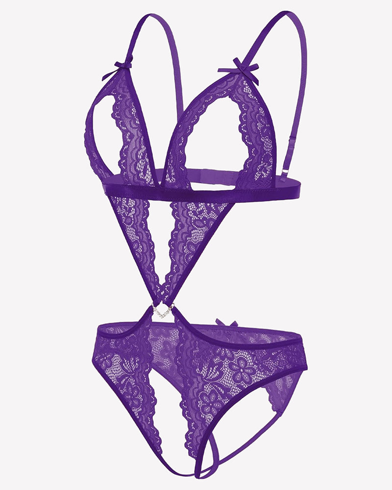 Purple lace deep V teddy bodysuit with underwire cups and adjustable straps
