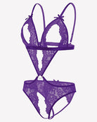 Purple lace deep V teddy bodysuit with underwire cups and adjustable straps