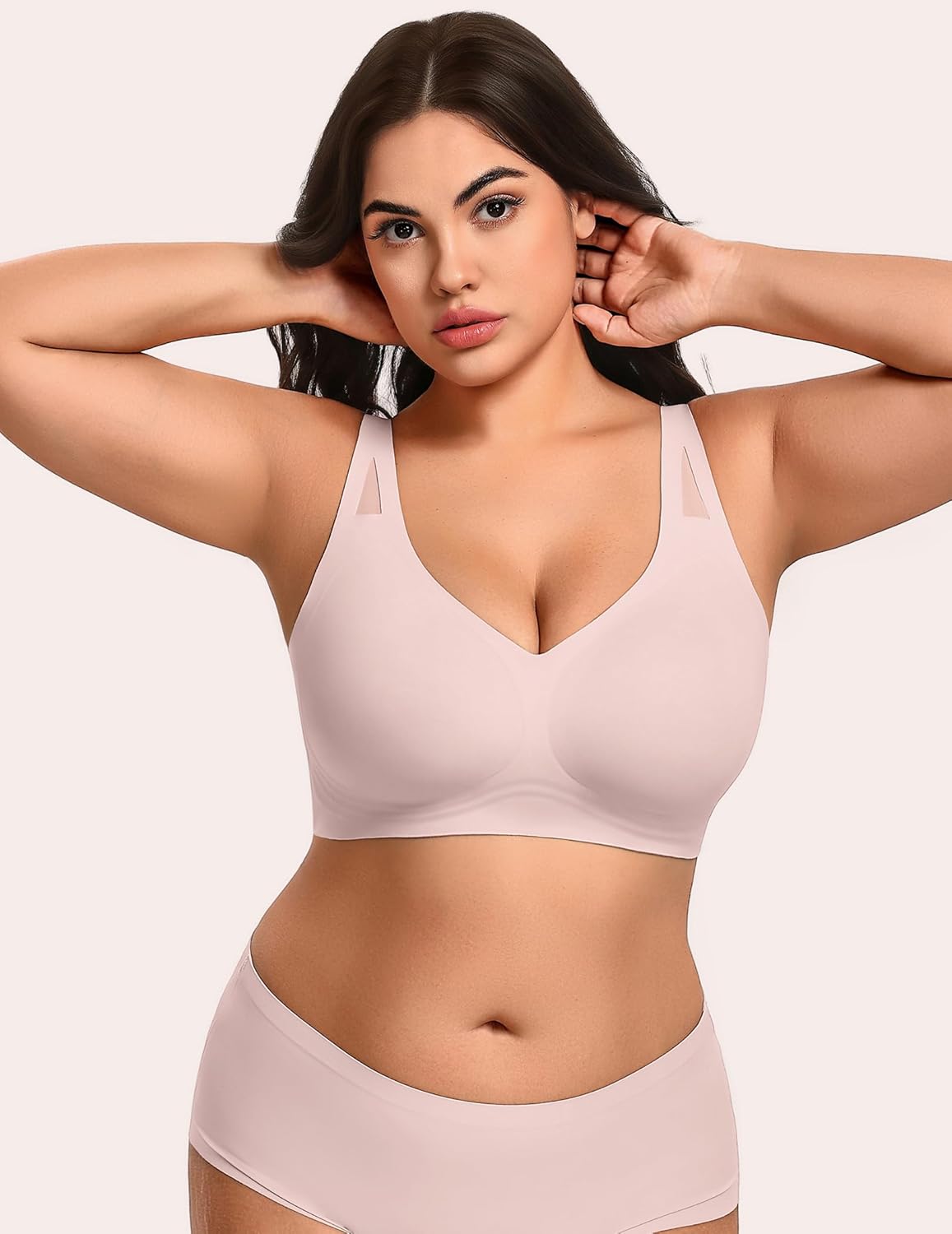 Wireless full-coverage bra in nude pink, front profile with smooth cups
