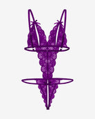 Dark purple lace deep V bodysuit teddy with cutout lace panel and thong bottom
