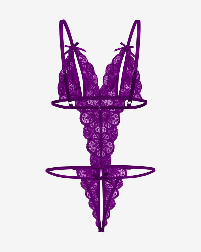 Dark purple lace deep V bodysuit teddy with cutout lace panel and thong bottom