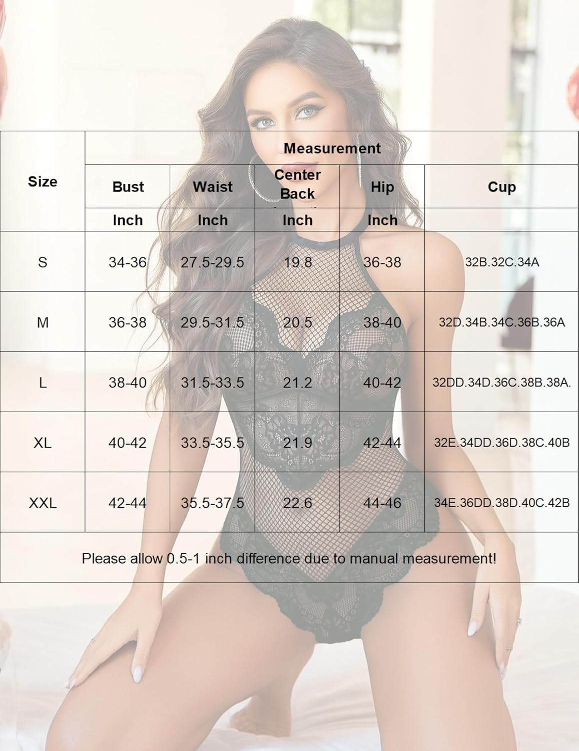 Size measurement chart table with bust, waist, hip, and cup measurements