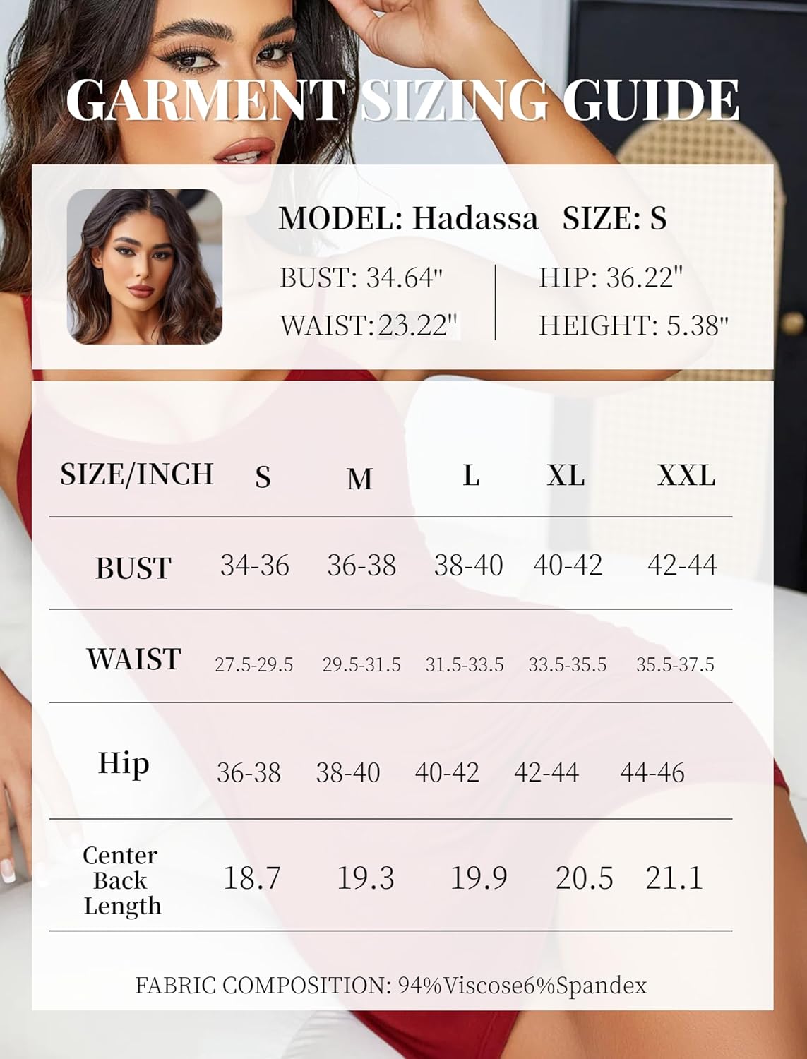 Garment sizing guide chart with measurements for chemise sizing