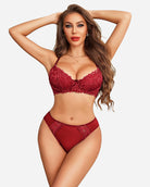 Wine red lace bra and matching panty set with scalloped floral lace
