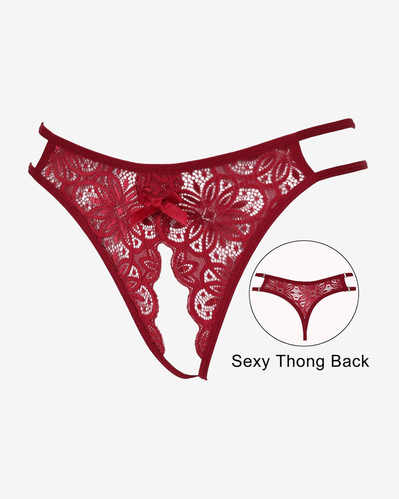 Red lace floral thong briefs with bow and low-rise cut, scalloped lace leg openings.