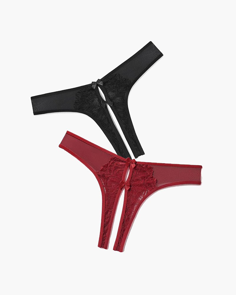 Sheer mesh bow thong panties set: black and red lace trim