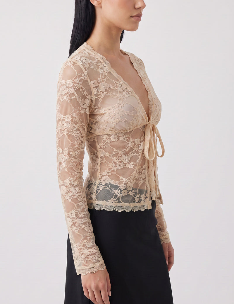 Champagne sheer lace long-sleeve cardigan with deep V tie-front