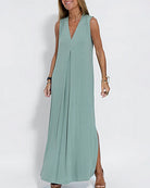 Teal sleeveless maxi dress with V-neck and side slit