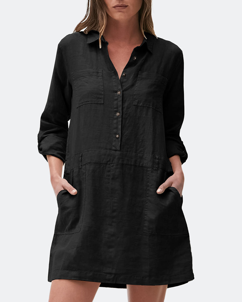 Black cotton-linen midi shirt dress, button front, collar, flap pockets, rolled sleeves