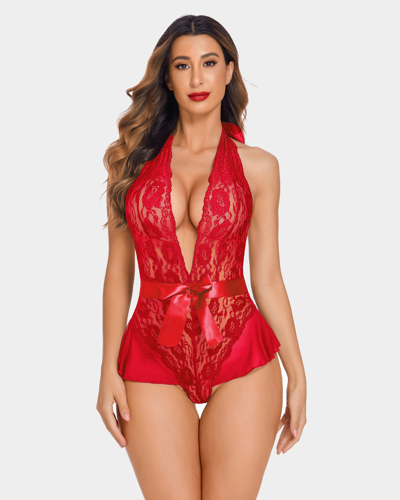 Red lace halter V-neck bodysuit with satin ribbon bow at waist