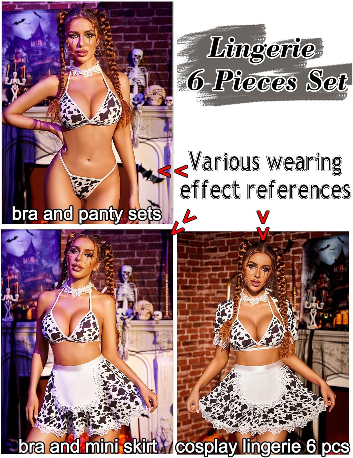 Cow print 6-piece lingerie set with bra, panty, and mini skirt