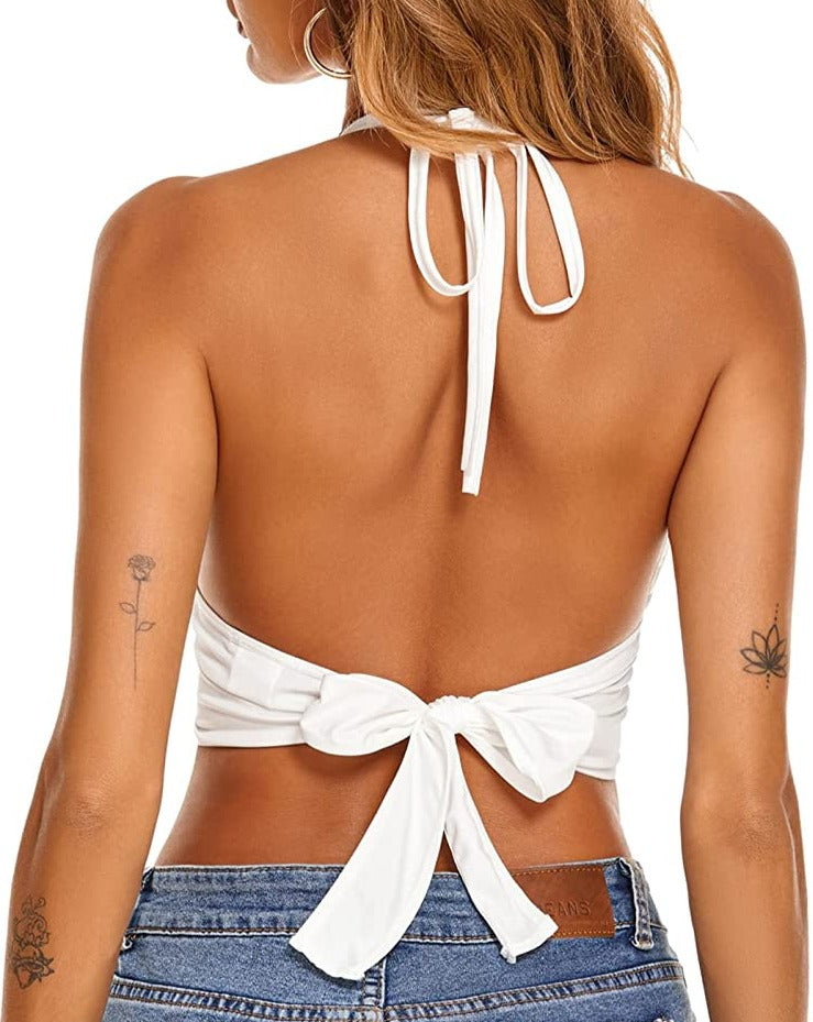 White halter backless tank top with tied neck straps
