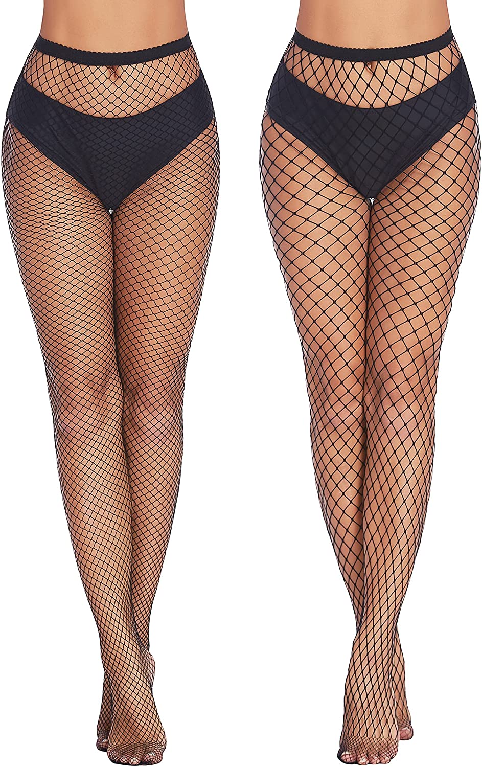 Black fishnet stockings with wide waistband, full-length diamond net pattern