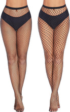 Black fishnet stockings with wide waistband, full-length diamond net pattern