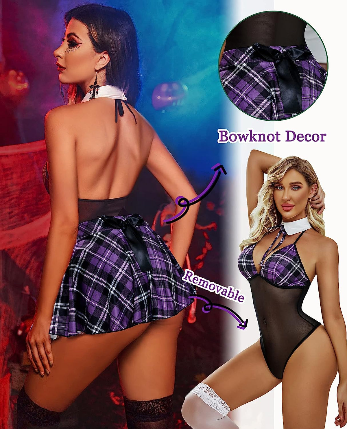 Plaid snap-crotch dress with halter bow tie, black mesh bodice, open back and flared skirt