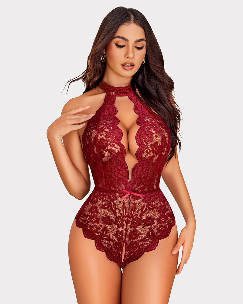 Halter lace teddy in burgundy red, deep V front with lace cutouts and scalloped thong hem