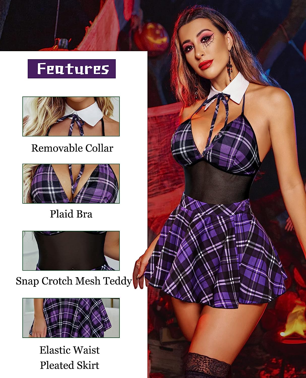 Plaid snap-crotch mesh teddydress with removable white collar, bow halter and pleated skirt