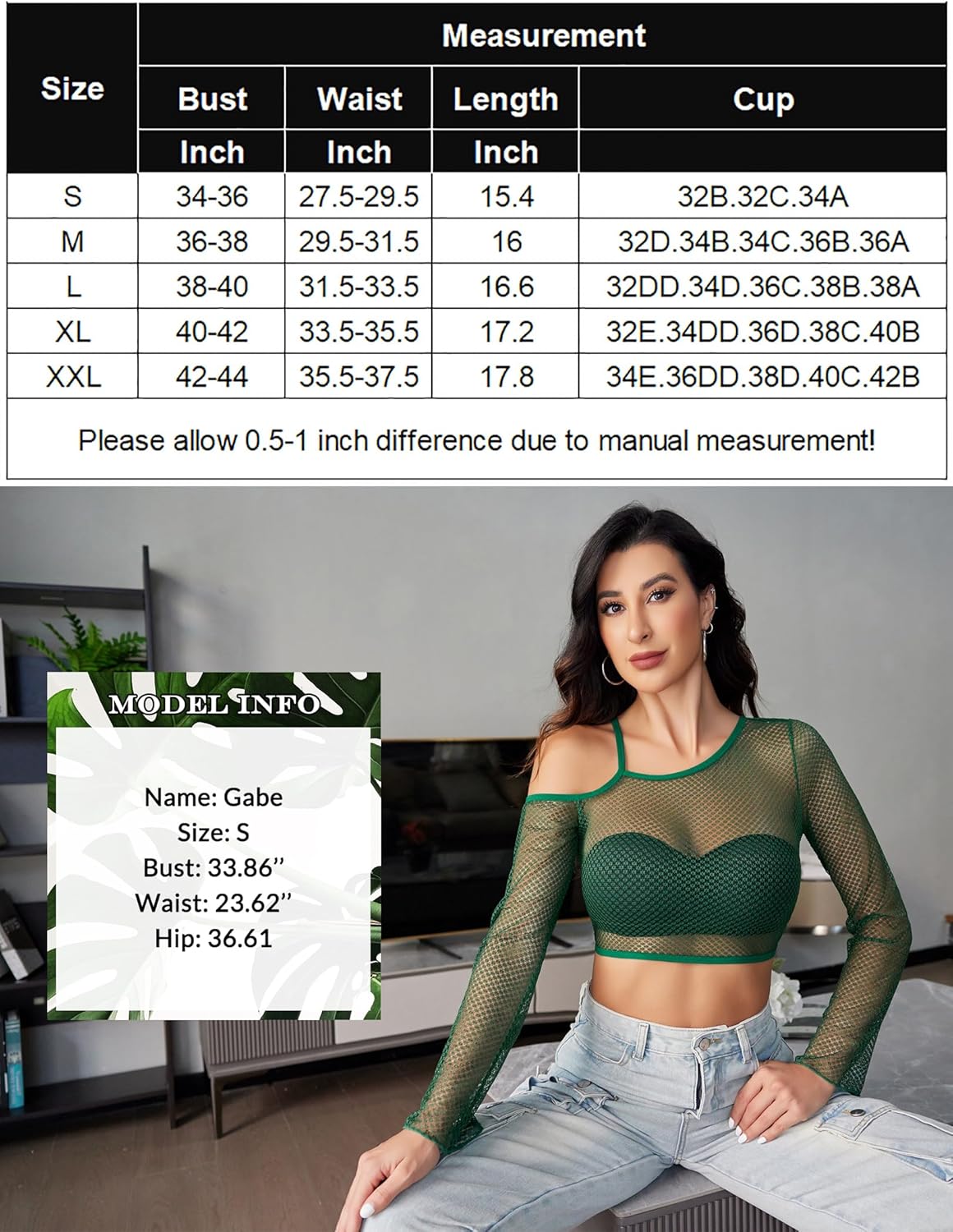 Green long-sleeve fishnet crop top with wide neckline and underbust contrast band