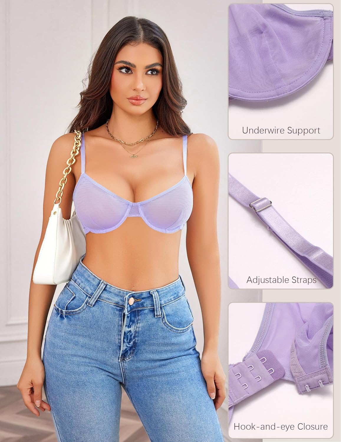 Light purple sheer mesh underwire bra with adjustable straps and hook-and-eye closure