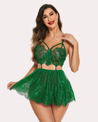 Green lace mesh babydoll set: underwire bralette and flared mini skirt