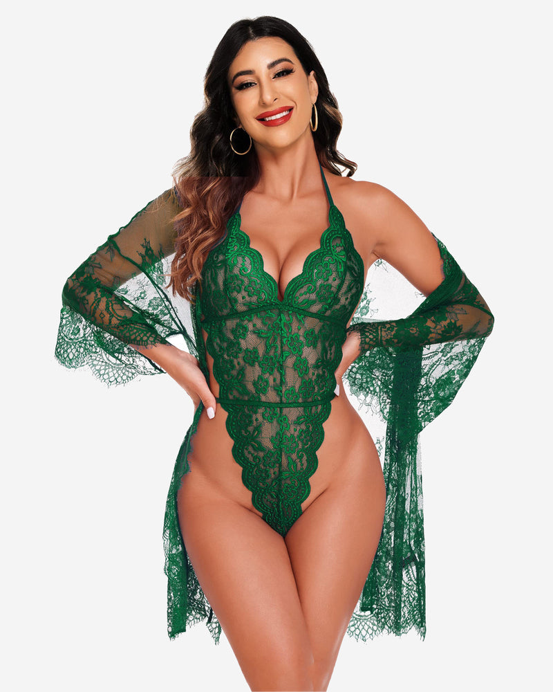 Green lace robe and teddy set with V-neck teddy and sheer lace kimono sleeves