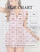 Lilac sheer mesh babydoll nighty with lace V-neck and heart pattern; size chart overlay