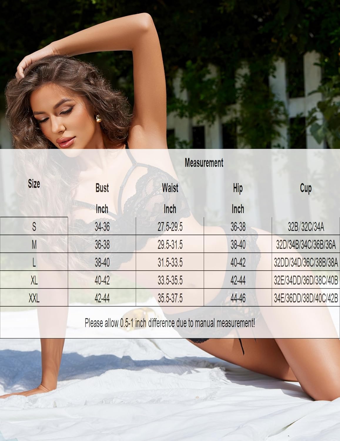 Black lace bra and panty set, sizing chart overlay visible