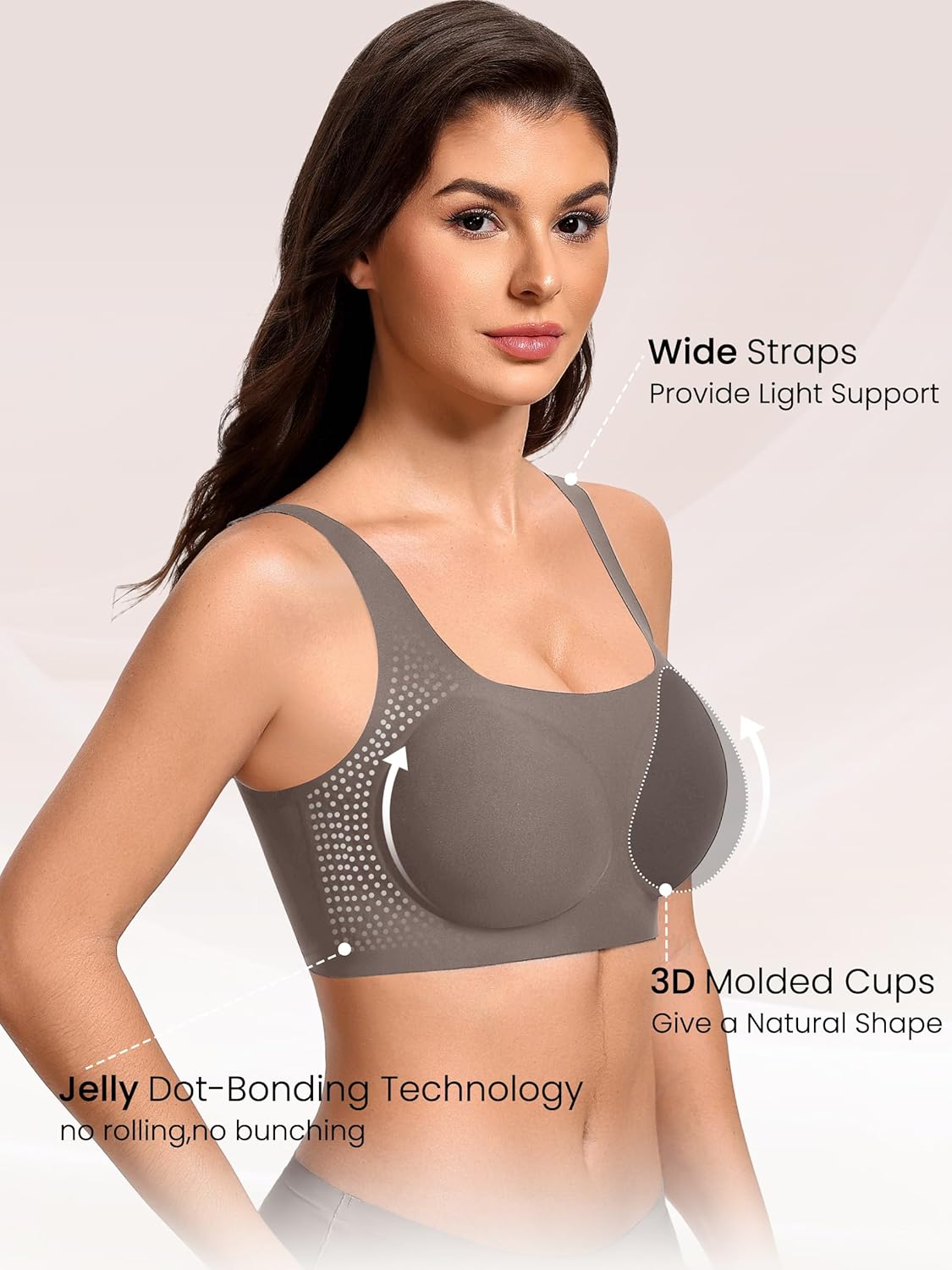 Grey wireless bra front view with wide straps and molded cups