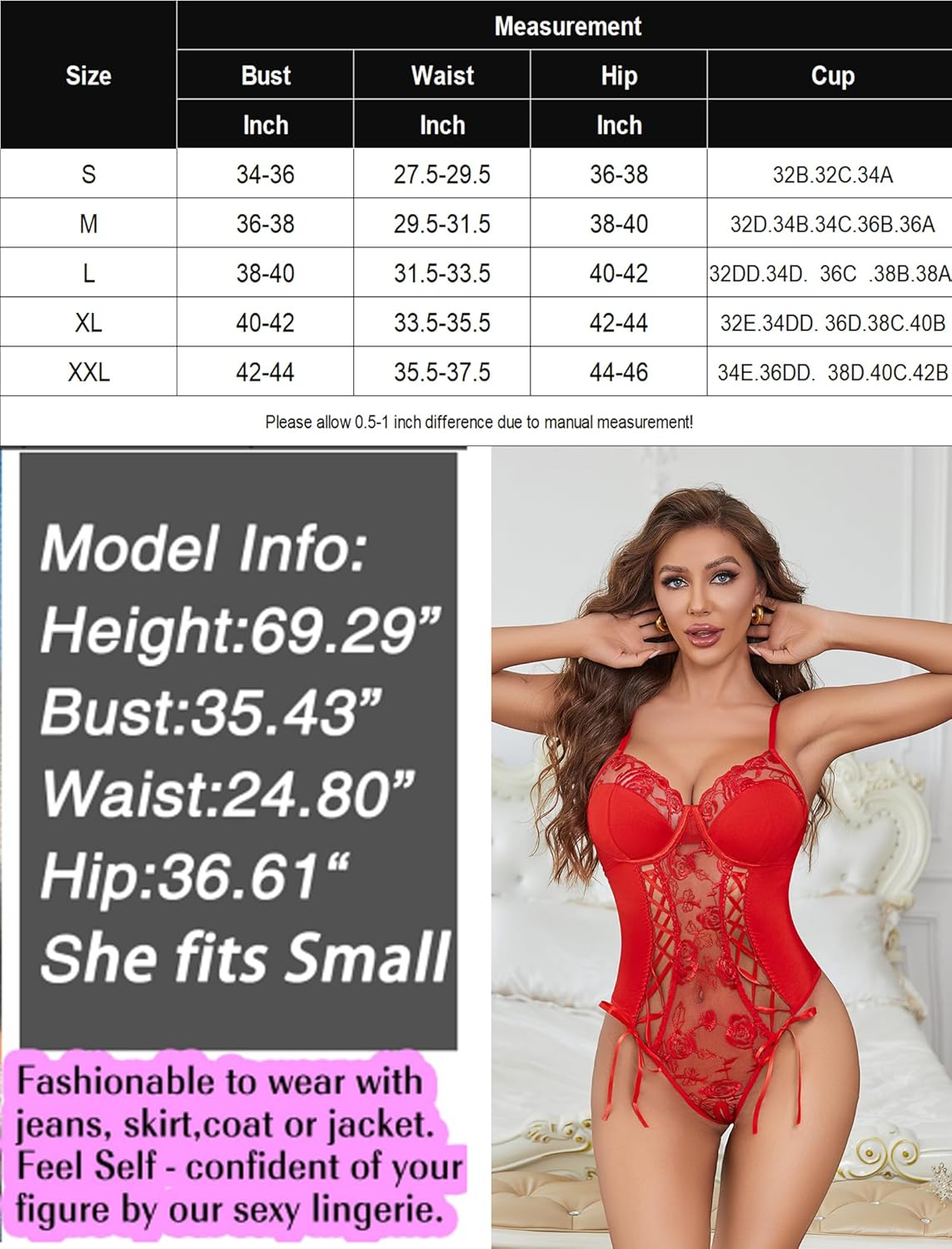 Red lace crotchless bodysuit with lace cups and front lacing, tie thigh straps