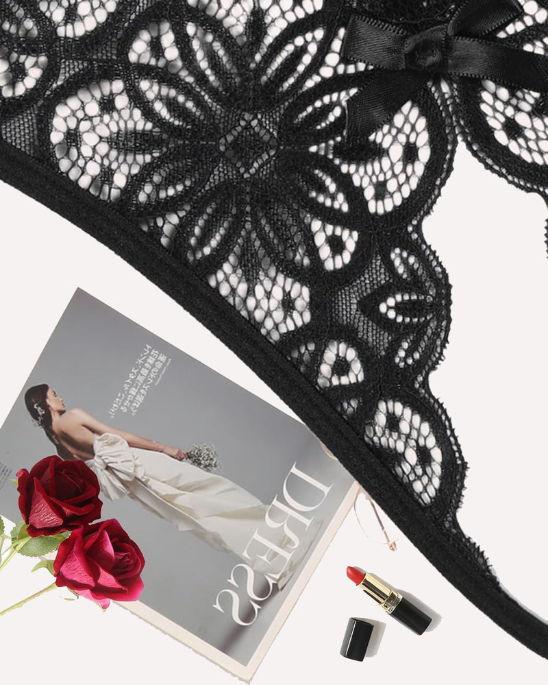 Black floral lace briefs with bow detail, scalloped lace trim